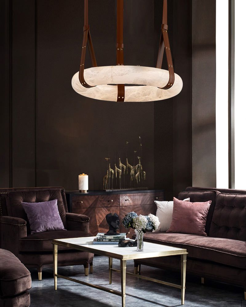 Round LED White Marble Pendant lamp with adjustable leather, Dia 12/16"