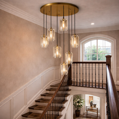 Staircase with modern pendant lights in a home interior