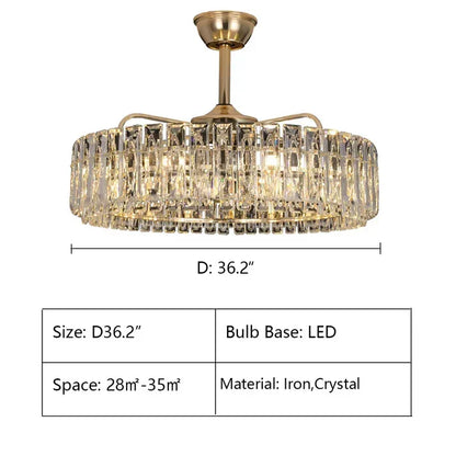 Modern Invisible Blade Fan Light Crystal Chandelier for Living/Dining Room/Bedroom