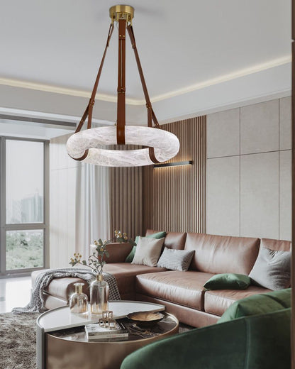 Round LED White Marble Pendant lamp with adjustable leather, Dia 12/16"