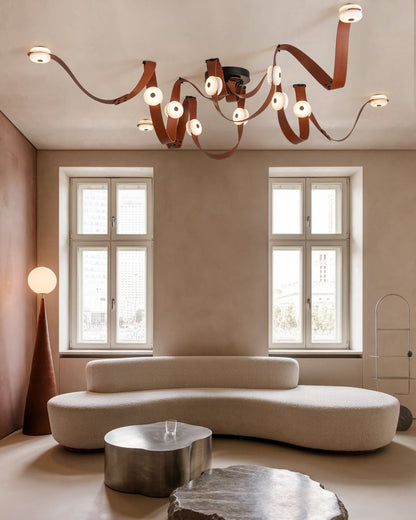 LED Mini SNAPS Module Ceiling Alabaster Pendant Light with Brown Leather Straps