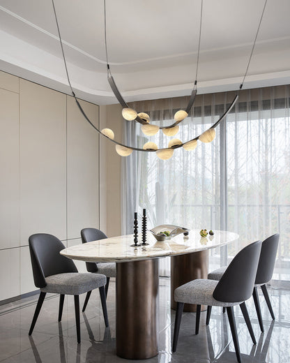 Leather pendant lamps with semicircular marble diffusers on a U-shaped strip metal base