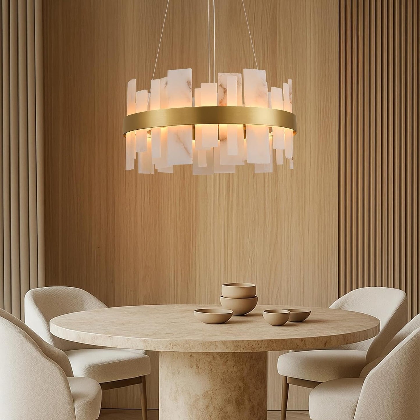 Alabaster Round Chandelier, D24 Inch Natural Spanish Marble Stone Texture Chandeliers