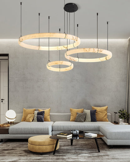 Black Metal Modern Round Ring Alabaster Pendant Light, Width 3.15"