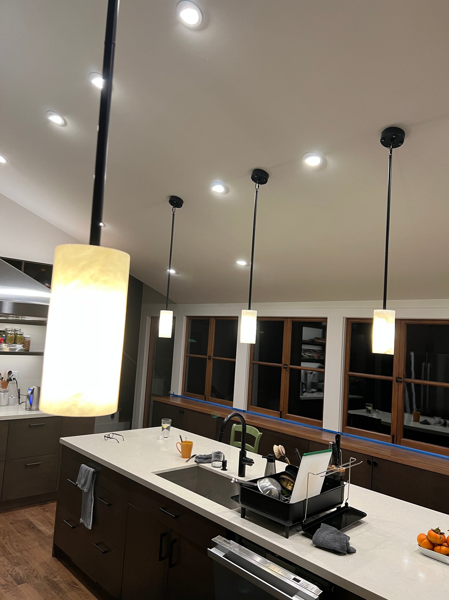 Hand Carved Alabaster Cylinder Pendant Light