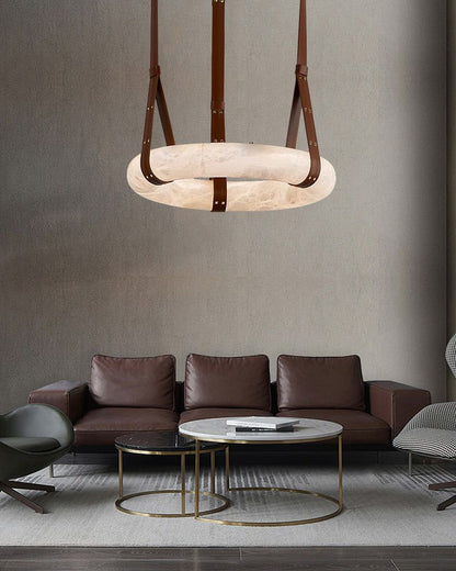 Oval Alabaster LED Large Pendant lamp with adjustable leather, Dia 16/24"