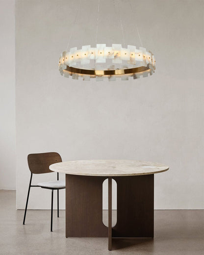 Antique Brass Ring Frame Round Halo Alabaster Modern Lighting Chandelier Wide 31"