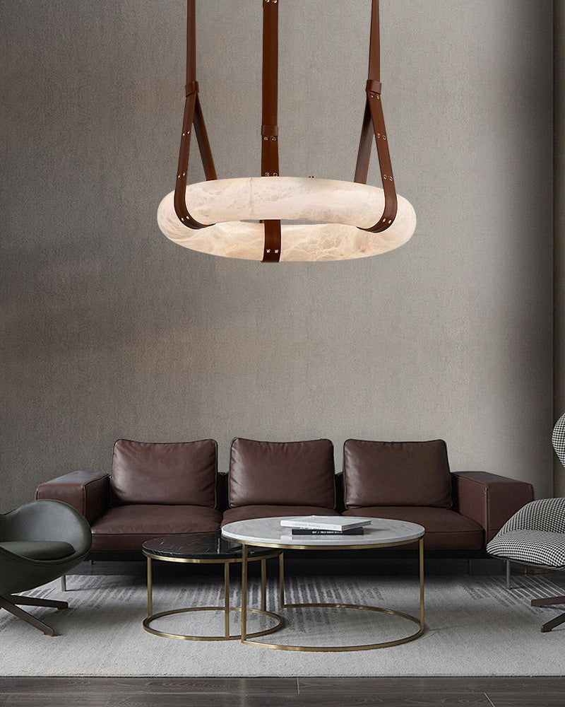 Round LED White Marble Pendant lamp with adjustable leather, Dia 12/16"