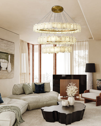 3-tiered stairwell chandeliers | irregular alabaster plate in disk ceiling with long cord