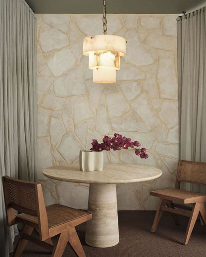 3 Tier White Round Alabaster Chain Pendant Light Fitting in Brass 10in