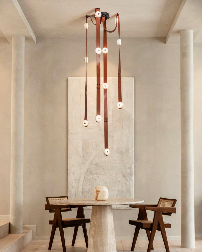 LED Mini SNAPS Module Ceiling Alabaster Pendant Light with Brown Leather Straps