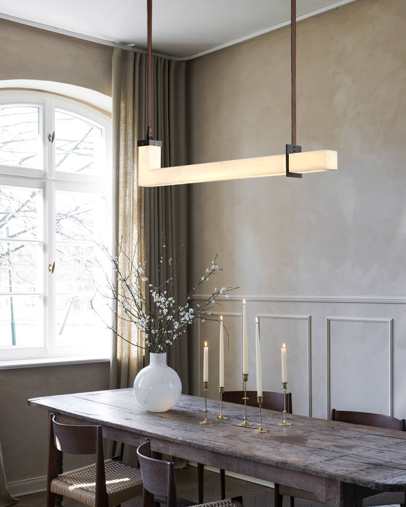 Up & Down Lighting Linear Brown Leather Alabaster Linear Pendant Lights Long 39“ 47”