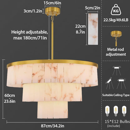Modern 3-Tier Round Alabaster Chandelier-Gold 34"D