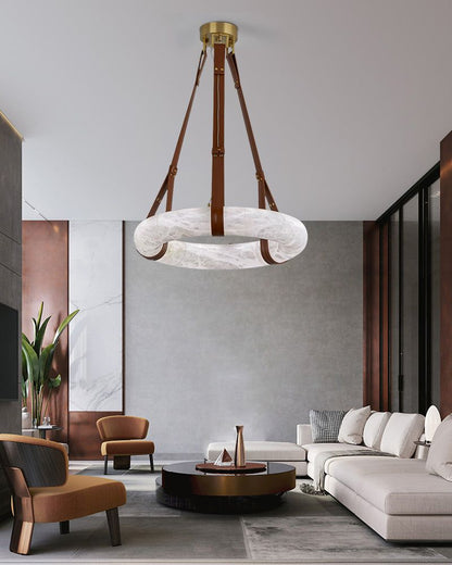 Oval Alabaster LED Large Pendant lamp with adjustable leather, Dia 16/24"