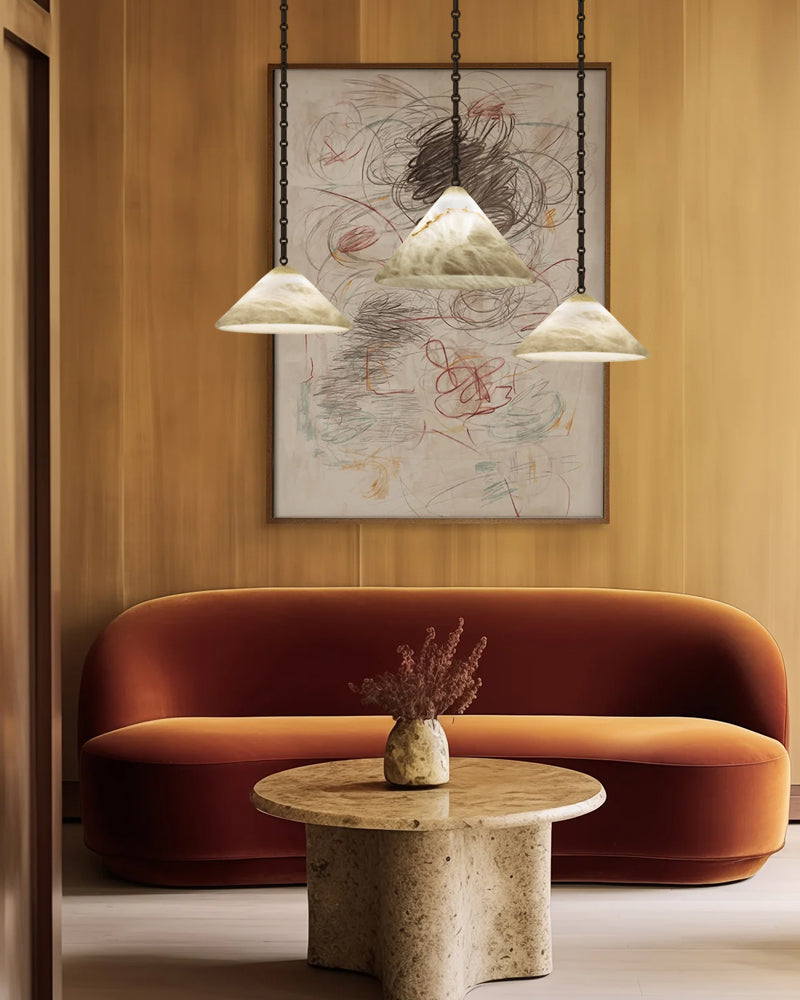 Medium 12" Conical Pendant White Alabaster Shade with Adjustable Chain for living room