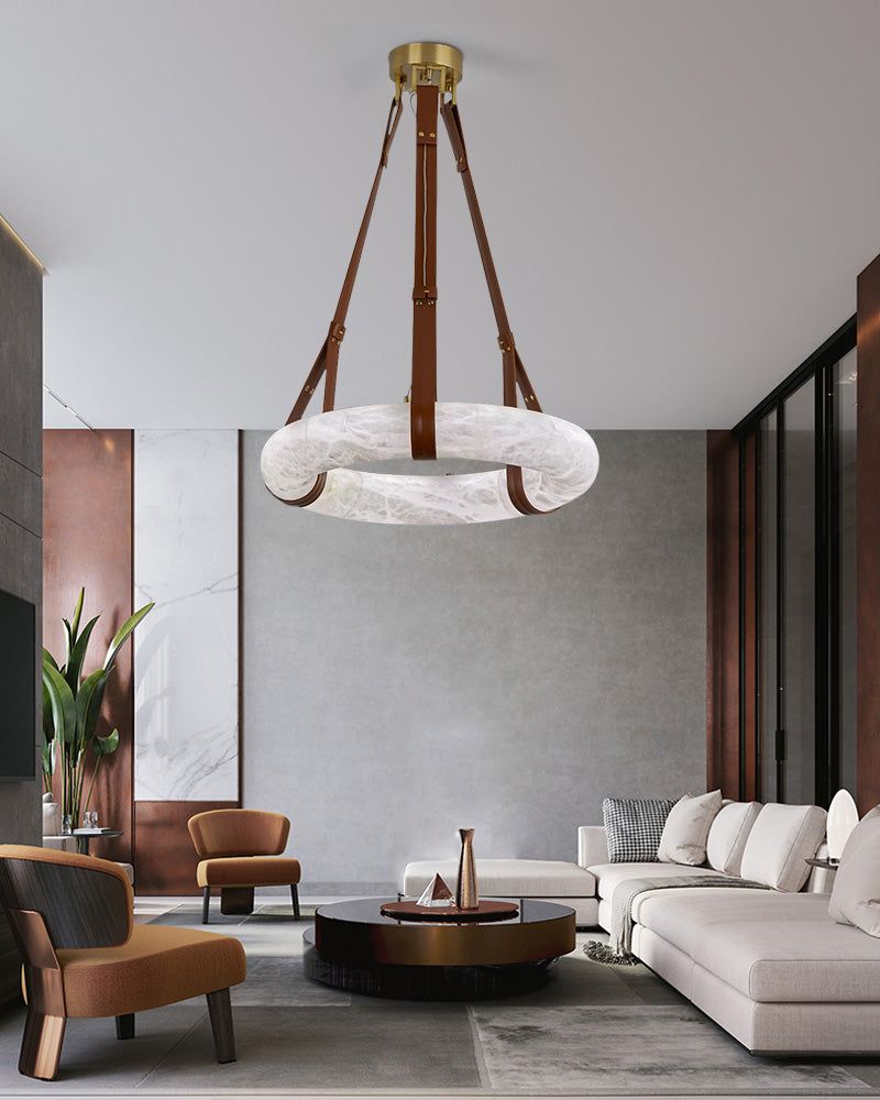 Round LED White Marble Pendant lamp with adjustable leather, Dia 12/16"