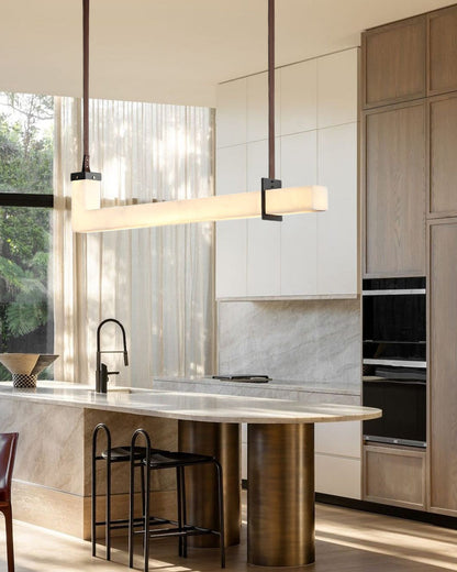 Up & Down Lighting Linear Brown Leather Alabaster Linear Pendant Lights Long 39“ 47”
