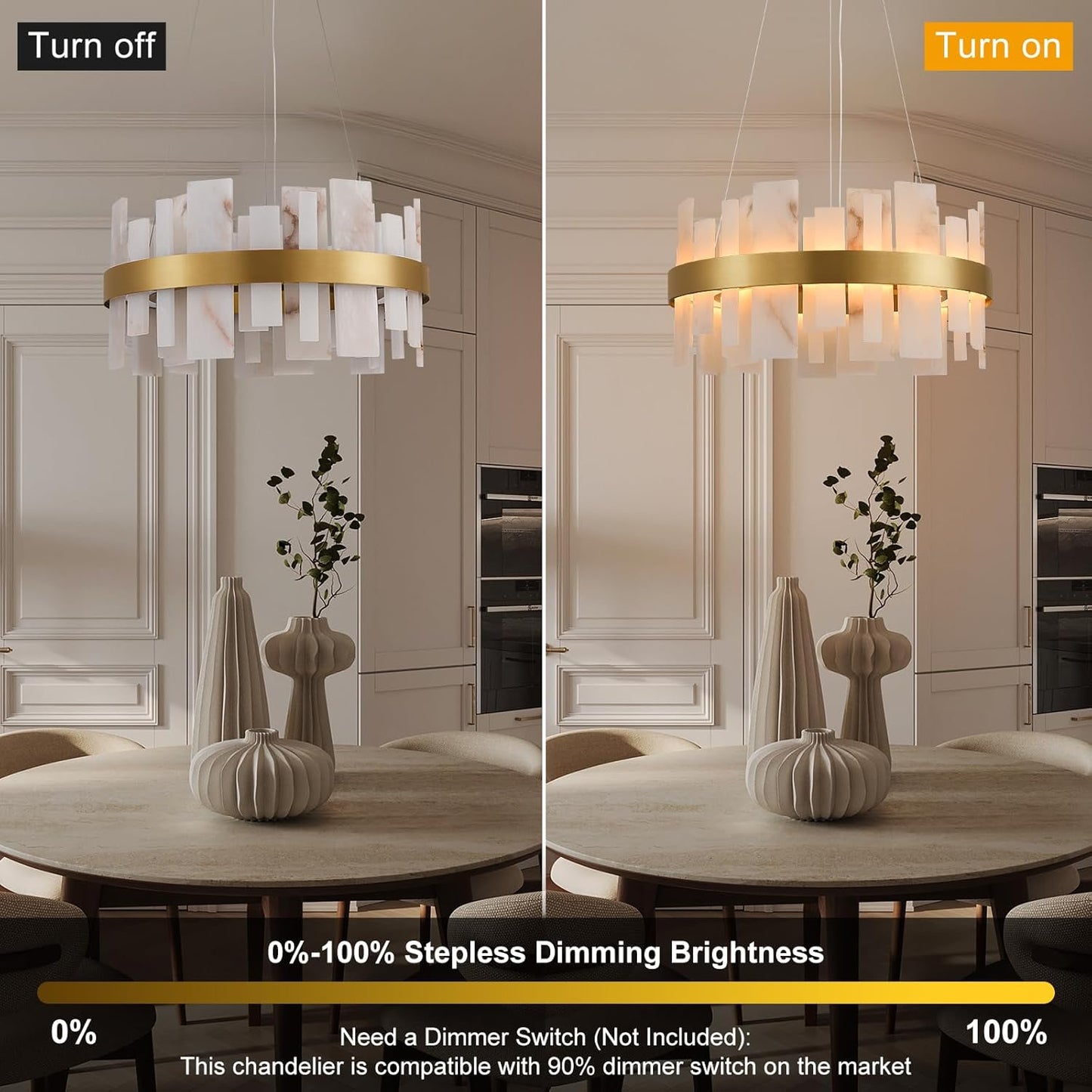 Alabaster Round Chandelier, D24 Inch Natural Spanish Marble Stone Texture Chandeliers