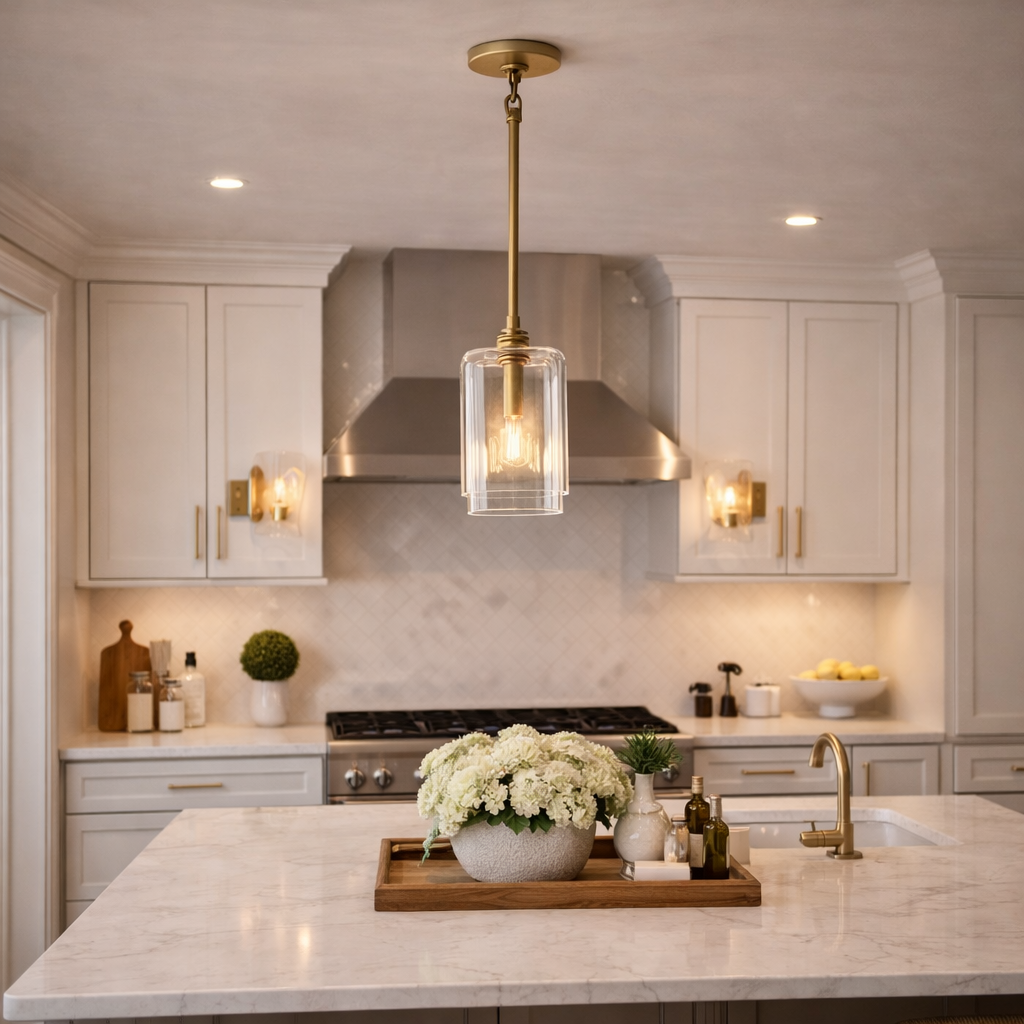 Modern kitchen with marble island, pendant light, and stainless steel appliances.