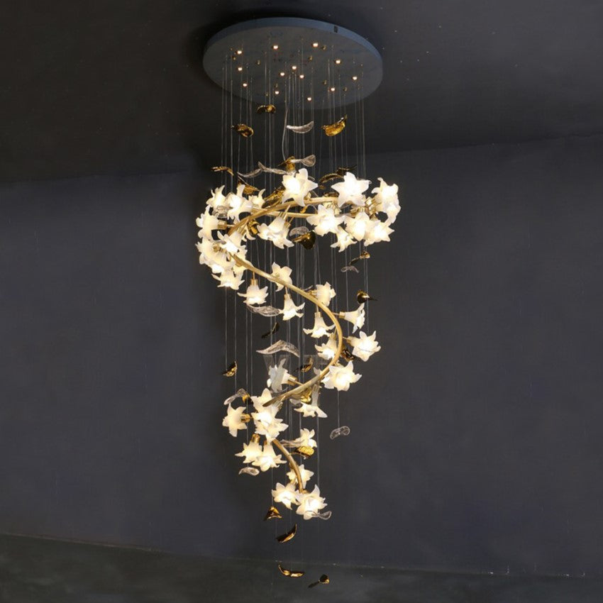 Morylighting Veridian Bloom Brass Branch Chandelier - dramatic American stairwell with soaring ceiling