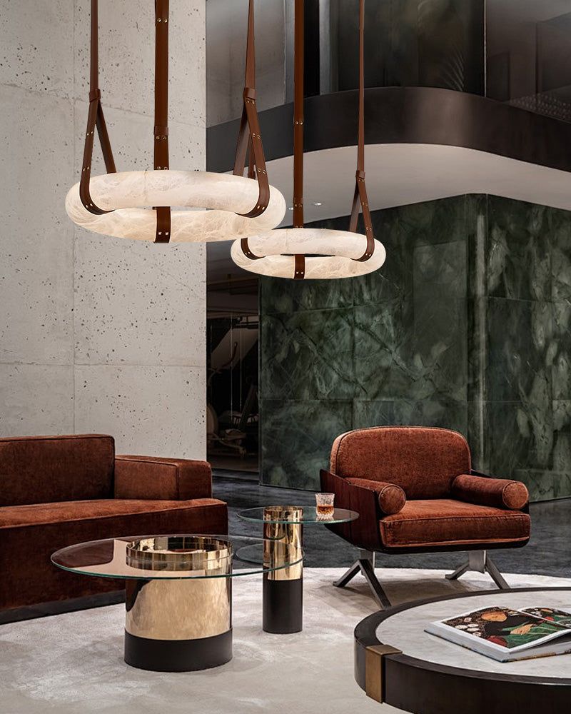 Round LED White Marble Pendant lamp with adjustable leather, Dia 12/16"