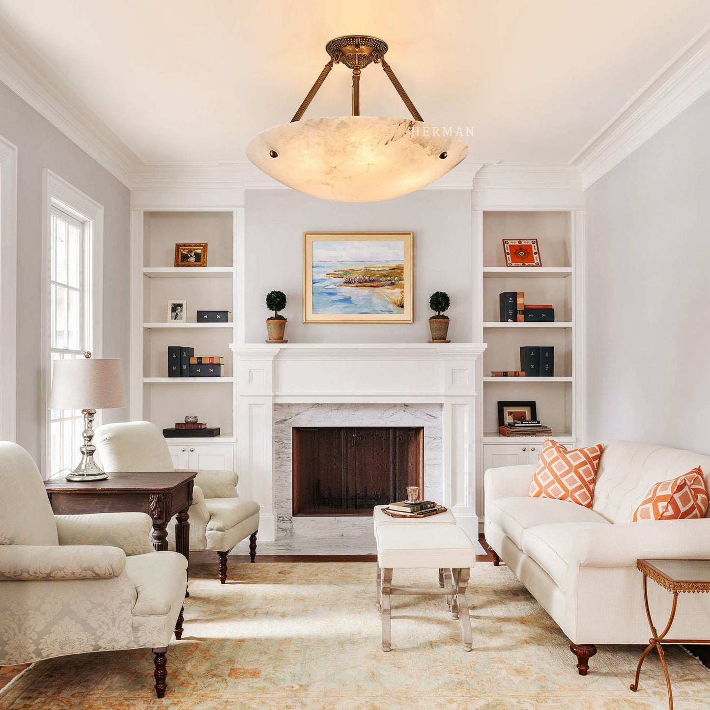 Vintage Round Alabaster Ceiling Lamp