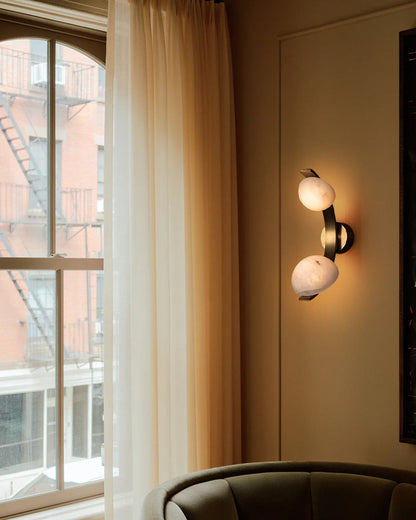 Antique Brass/Black Hardware Double Alabaster LED Wall Lamp