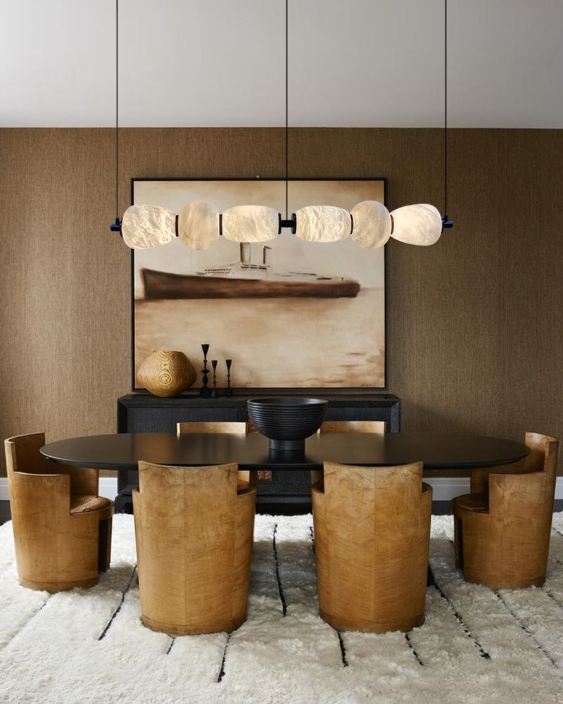 Modern Linear White Alabaster Solid Ball Thread Synthetic Shade Hanging Light for Dining