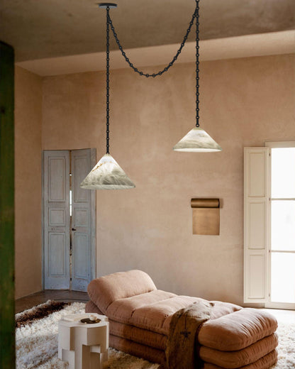 Medium 12" Conical Pendant White Alabaster Shade with Adjustable Chain for living room