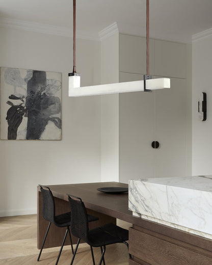 Up & Down Lighting Linear Brown Leather Alabaster Linear Pendant Lights Long 39“ 47”