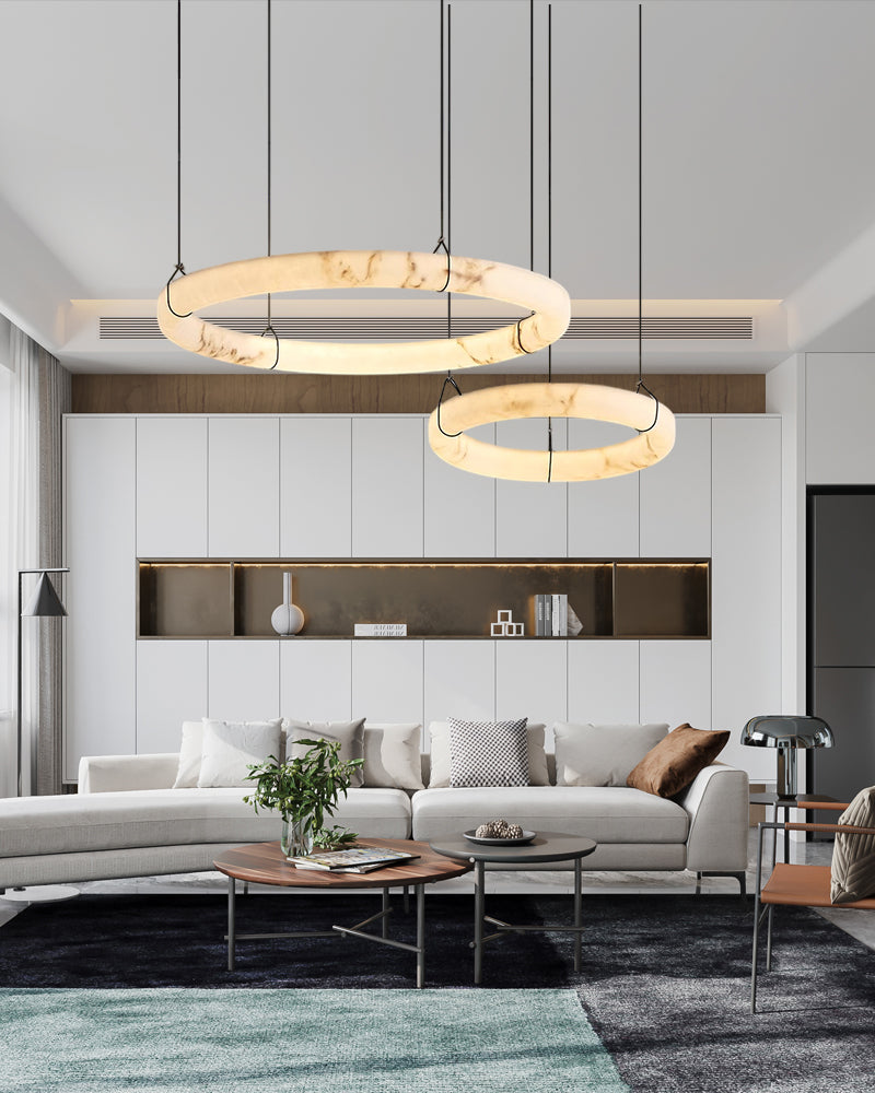 Black Metal Modern Round Ring Alabaster Pendant Light, Width 3.15"