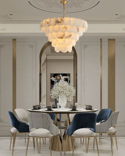 Multi layers Spanish White Alabaster Shell Marble Chandelier lamp in Brass
