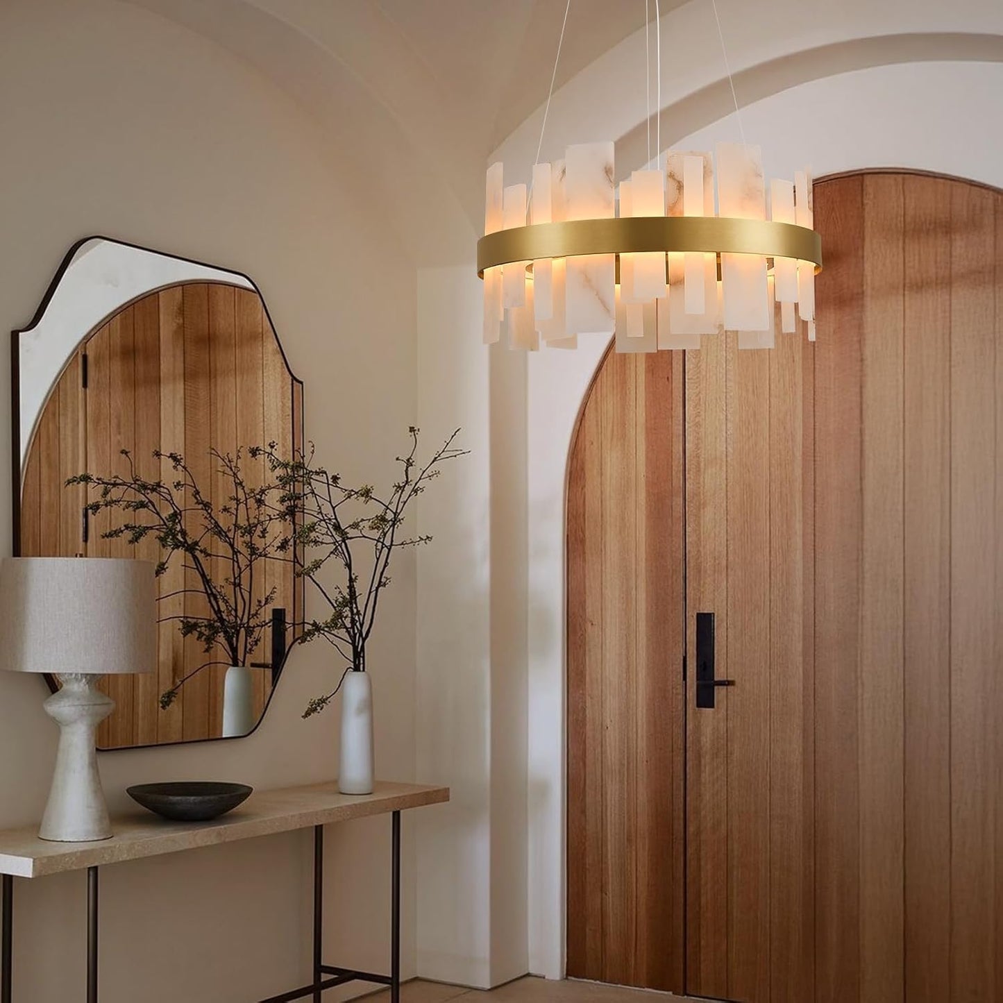 Alabaster Round Chandelier, D24 Inch Natural Spanish Marble Stone Texture Chandeliers