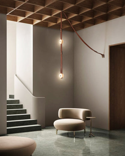 LED Mini SNAPS Module Ceiling Alabaster Pendant Light with Brown Leather Straps