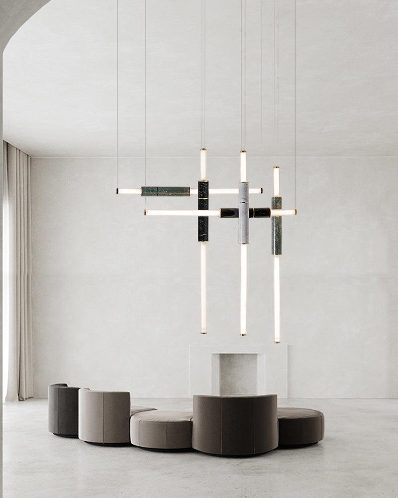 Linear Pipe Alabaster & Acrylic Pendant Light for dining room | vertically & horizontally