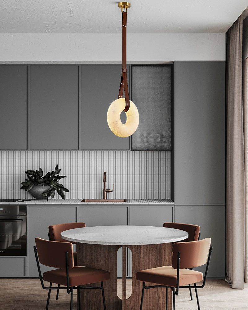 Round LED White Marble Pendant lamp with adjustable leather, Dia 12/16"