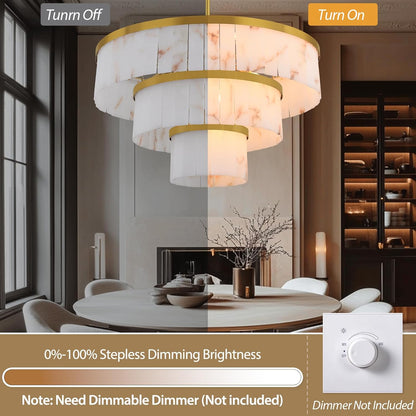 Modern 3-Tier Round Alabaster Chandelier-Gold 34"D