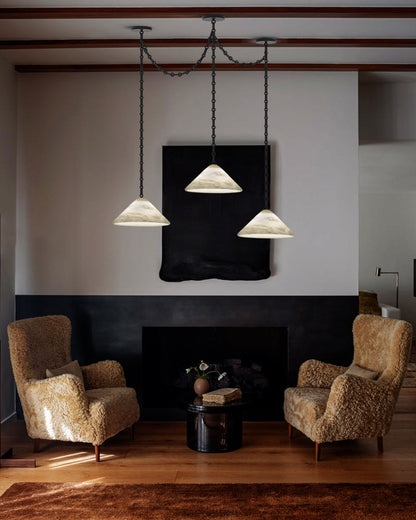 Medium 12" Conical Pendant White Alabaster Shade with Adjustable Chain for living room