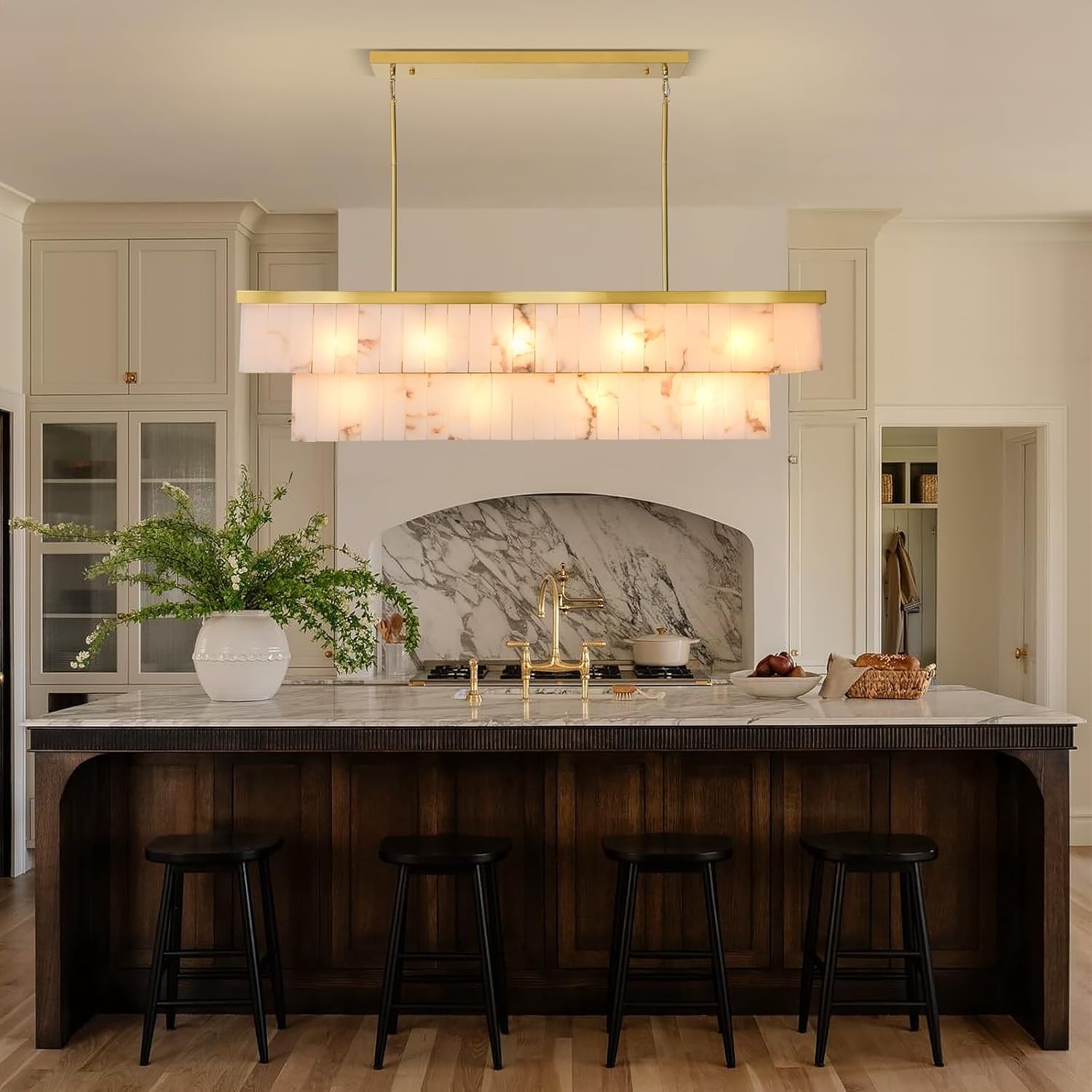 2-Tier Rectangle Alabaster Chandelier 54"L