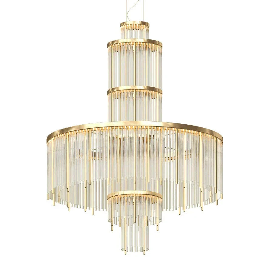 Modern Multi-layered Glass&Metal Rods Chandelier for High-ceiling