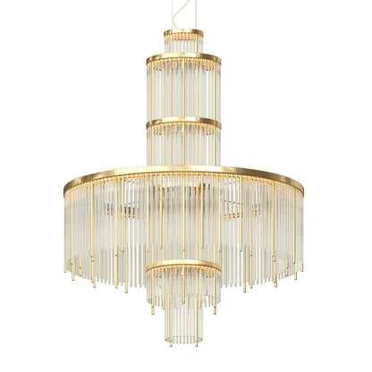 Modern Multi-layered Glass&Metal Rods Chandelier for High-ceiling