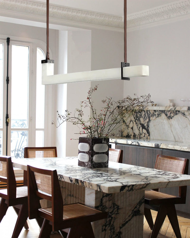 Up & Down Lighting Linear Brown Leather Alabaster Linear Pendant Lights Long 39“ 47”