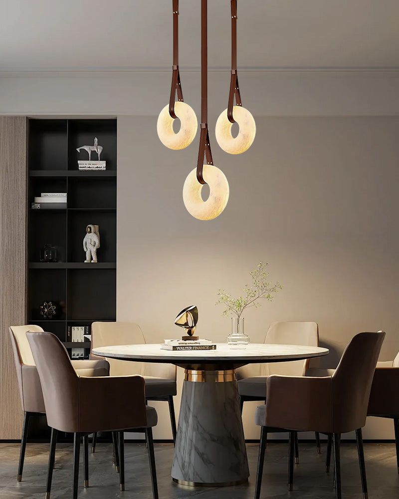 Round LED White Marble Pendant lamp with adjustable leather, Dia 12/16"