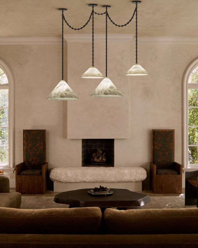 Medium 12" Conical Pendant White Alabaster Shade with Adjustable Chain for living room