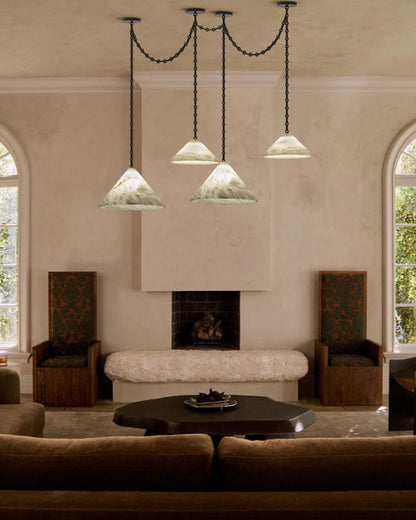 Medium 12" Conical Pendant White Alabaster Shade with Adjustable Chain for living room