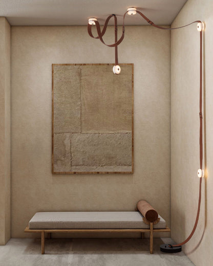 LED Mini SNAPS Module Ceiling Alabaster Pendant Light with Brown Leather Straps