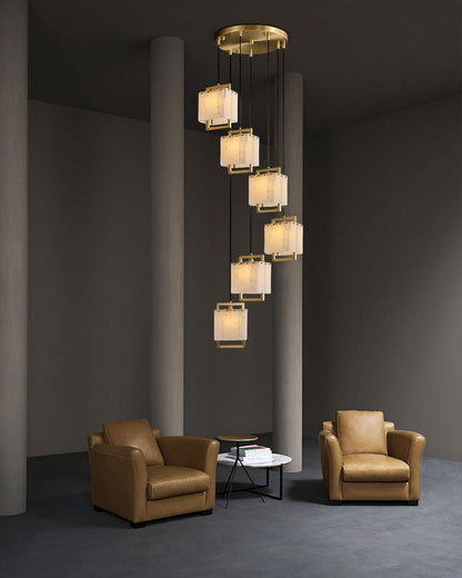 Elegant Cluster Alabaster Dome Suspension Light Lacquered Burnished Brass for hallway