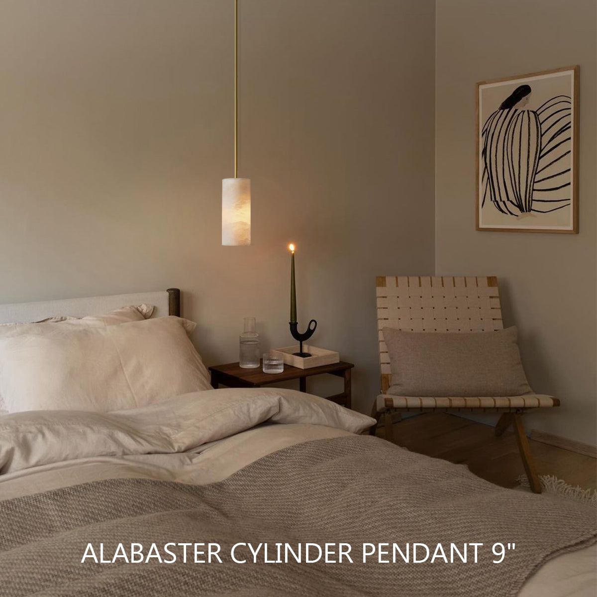 Hand Carved Alabaster Cylinder Pendant Light