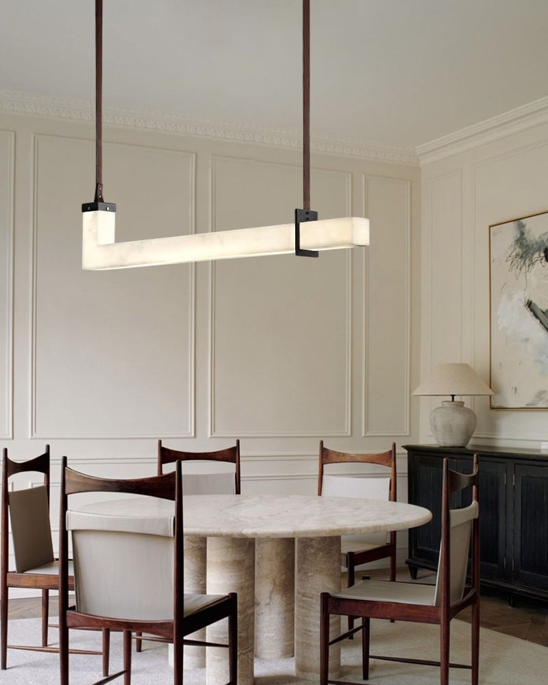 Up & Down Lighting Linear Brown Leather Alabaster Linear Pendant Lights Long 39“ 47”