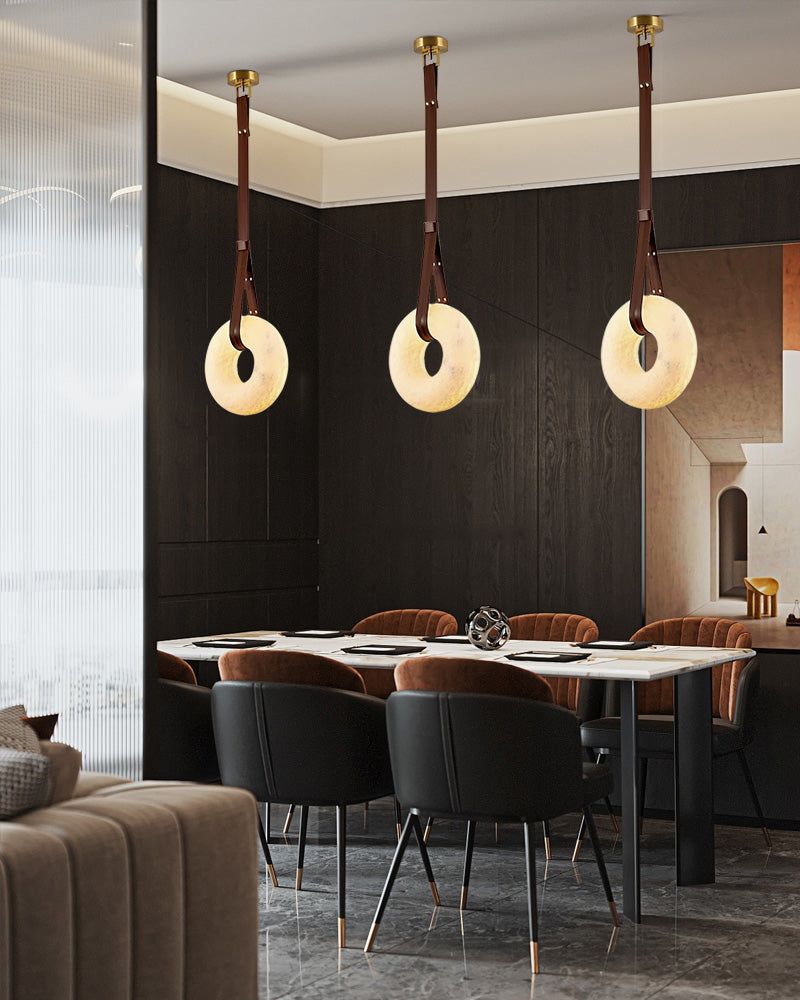Round LED White Marble Pendant lamp with adjustable leather, Dia 12/16"